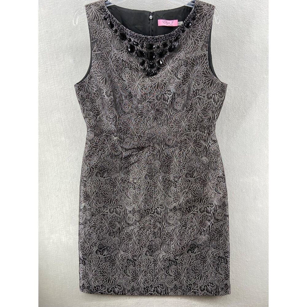 Eliza J. Dress Womens 14‎ Sleeveless Sheath Gray Black Metallic Beaded Cocktail
